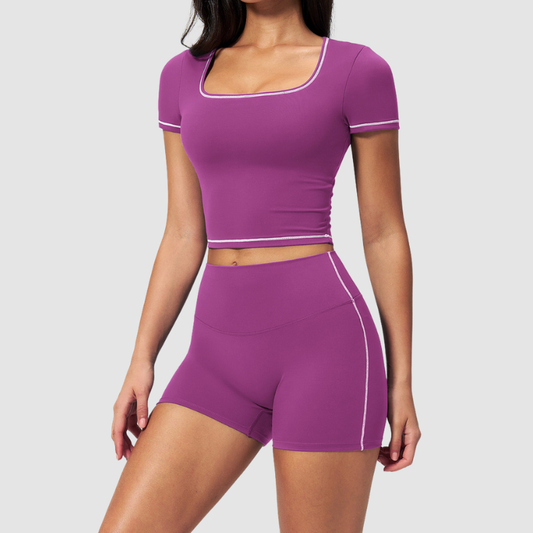 Wholesale Women's Seam-Detail Short Sleeve Crop Top + High-Waist Shorts Set – Butt-Lifting Yoga Gym Activeweare
