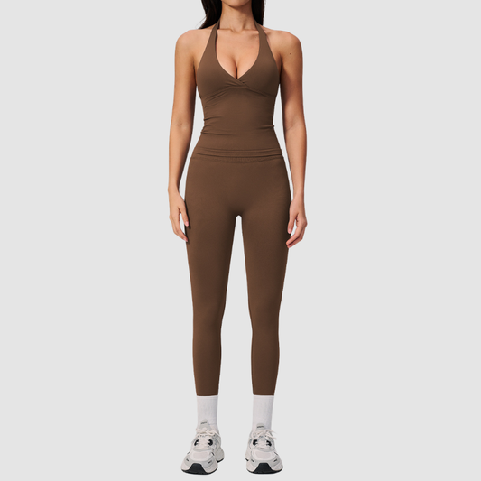 Wholesale Women's Halter Sports Bra & Full-Length Leggings Set – Seamless Peach-Lift Yoga Activewear