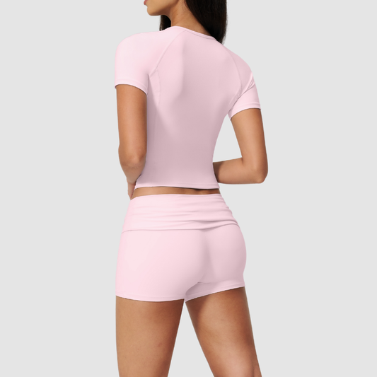 Wholesale short-sleeved tops and high-waisted fold-over shorts sets