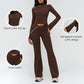 Stand-up collar yoga jacket + nude high-waisted flared pants 2-piece set