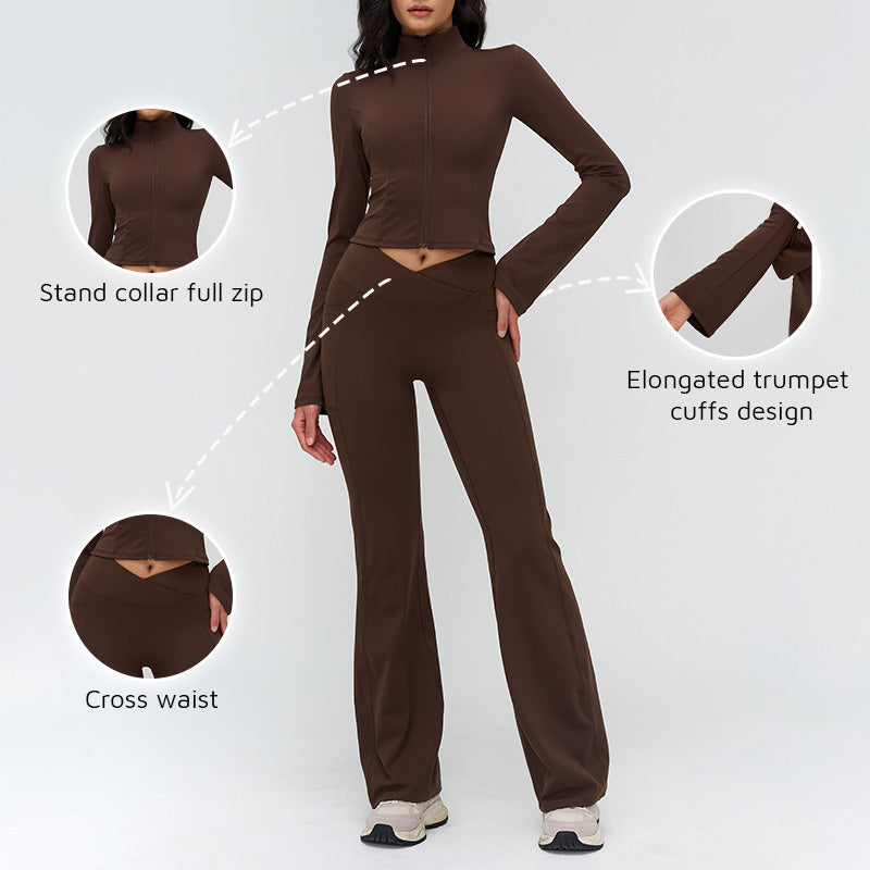 Stand-up collar yoga jacket + nude high-waisted flared pants 2-piece set