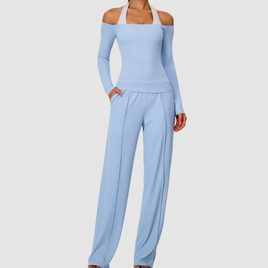 Wholesale Women's Padded Sports Bra+Off-Shoulder Long-Sleeve+Wide-Leg Pants Yoga Set