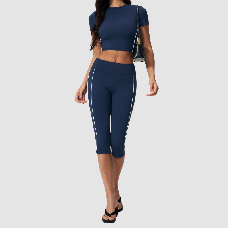Wholesale Women's Brushed Contrast Piping Short Sleeve Crop Top & Button-Up Cropped Pants Set