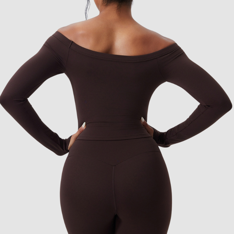 Wholesale off-the-shoulder yoga top + flared pants