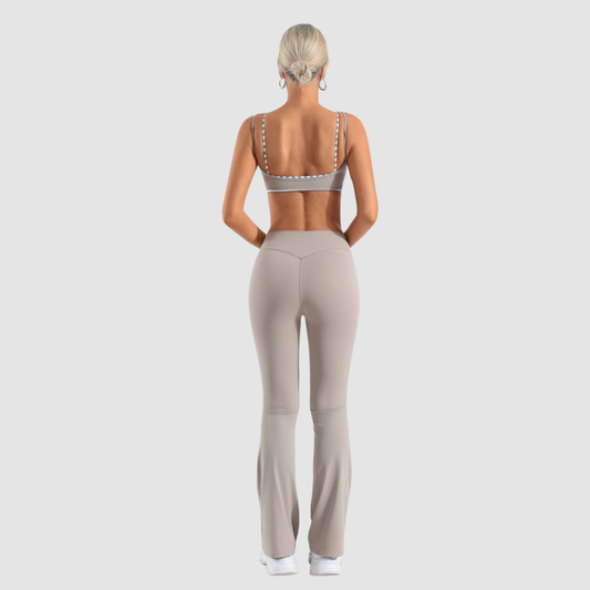 Wholesale Women's Naked-Feel Contrast Grid Sports Bra & Flared Yoga Pants