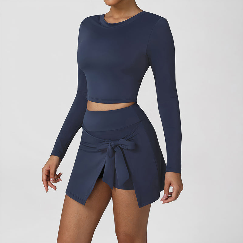 Wholesale lace-up long-sleeved top + faux two-piece skirt pants