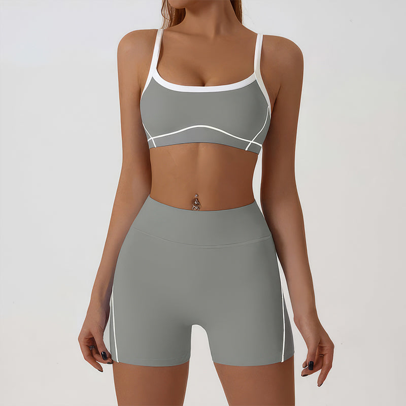 Wholesale color-blocked sports bra + high-elasticity shorts