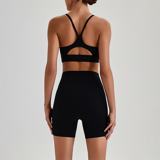 Wholesale Brushed Naked-Feel Open-Back Sports Bra & High-Waist Shorts Set – Sculpting Yoga 2-Piece