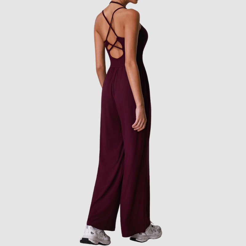 Wholesale Halter-Neck Cutout Open-Back Wide-Leg Jumpsuit with Built-In Bra – Casual Yoga Romper