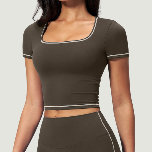 Wholesale Women's Seam-Detail Colorblock Short Sleeve Crop Top – Butt-Lifting Yoga Gym Activewear FDX2036
