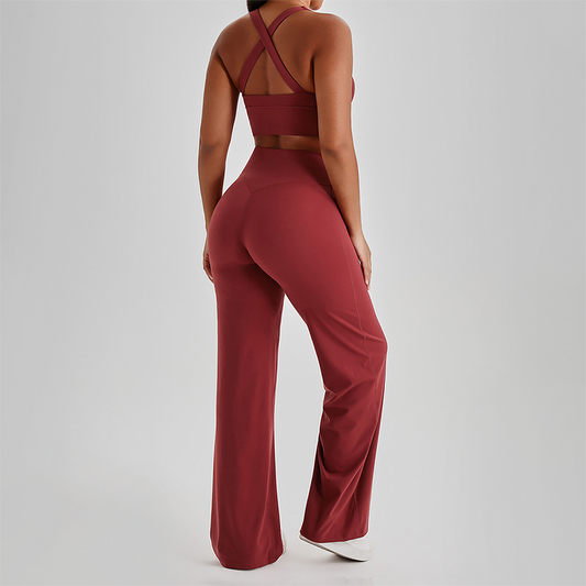 Wholesale Women's Peach Lift High Waist Flare Pants Yoga Set – Cross Back Sports Bra 0258