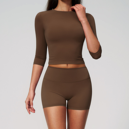 Wholesale Women's 3/4 Sleeve Crop Top & Biker Shorts Set – Seamless Yoga Activewear