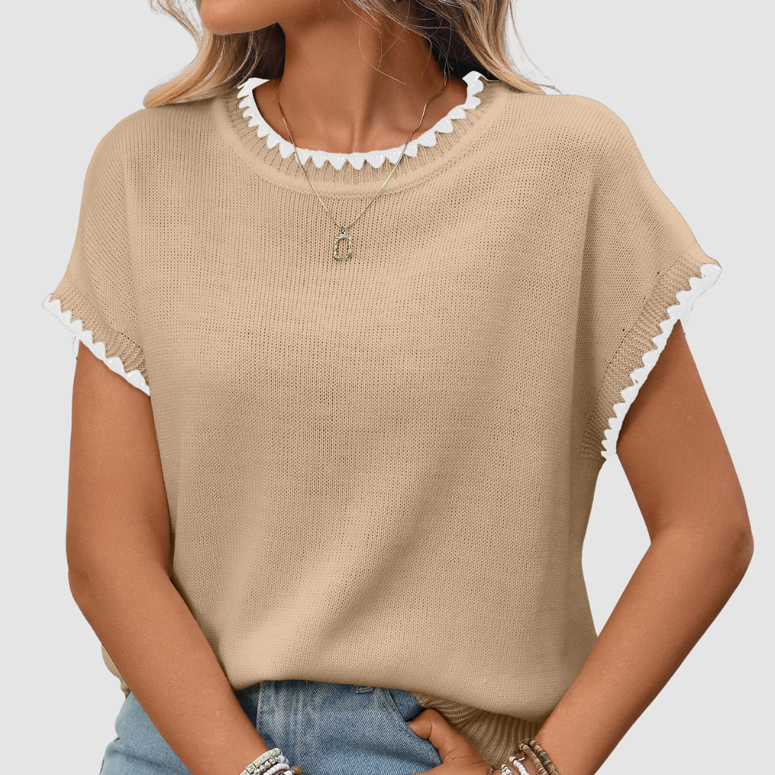 Wholesale Women's Sweaters – Crochet Round-Neck Short Sleeve Pullover