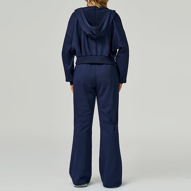 Loose hooded and full zipper Sweatshirt + drawstring Sweatpants 2 pieces set