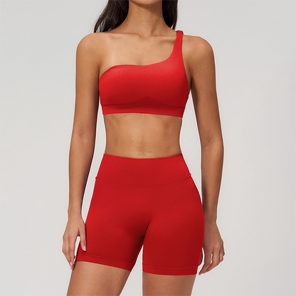 Wholesale Seamless One-Shoulder Sports Bra & High-Waist Biker Shorts Set – Quick-Dry Yoga 2-Piece