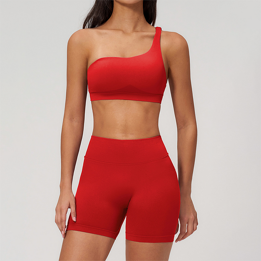 Wholesale Seamless One-Shoulder Sports Bra & High-Waist Biker Shorts Set – Quick-Dry Yoga 2-Piece