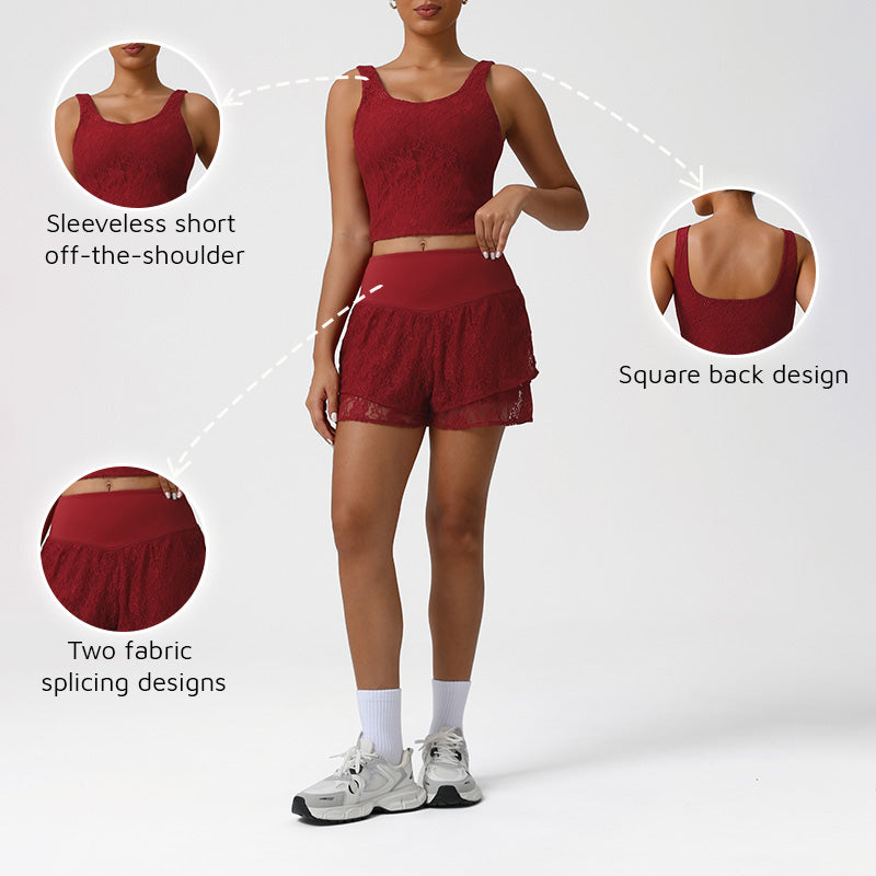 Lace Low-Cut Crop Top + Elastic Waistband Anti-Exposure Shorts 2-Piece Set