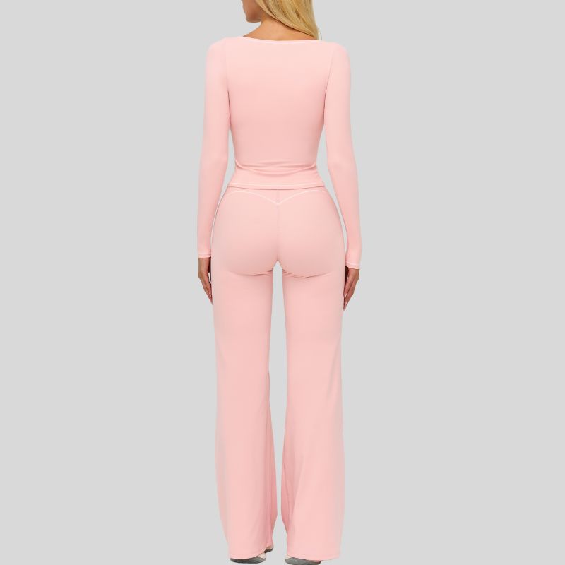 Color-blocked long-sleeved sports top+ High-waisted wide-leg pants 2-piece set