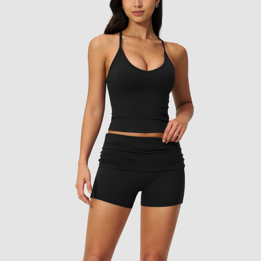 Wholesale women's brushed vest and fold-over hip-lifting shorts set