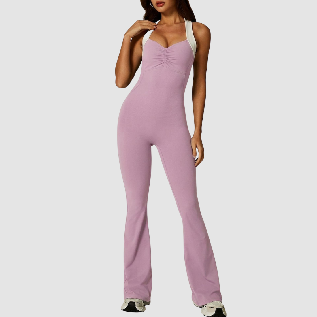 Women's Wholesale Activewear Cross-Back V-Neck Flared-Leg Yoga Jumpsuit