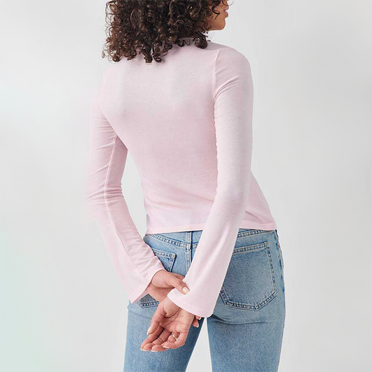 Wholesale Modal-Blend Tie-Front Bow Long-Sleeve Fitted T-Shirt – Elegant Slim-Fit Top