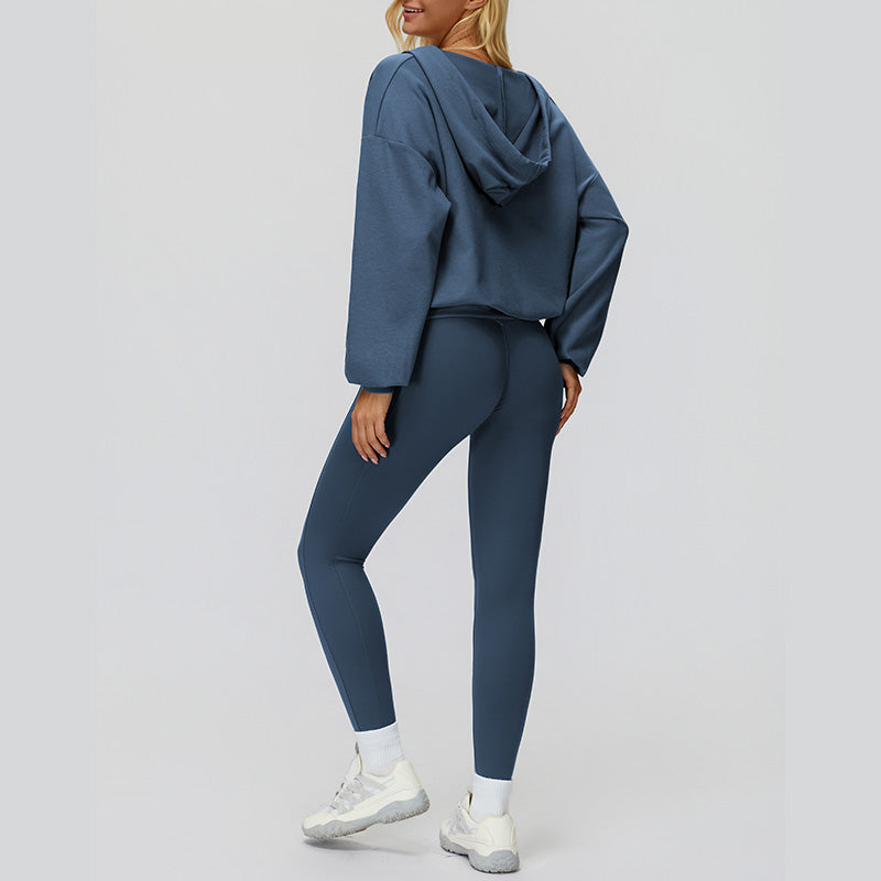 V-neck large hooded jacket+Sports tank top+High-waisted leggings 3-piece set