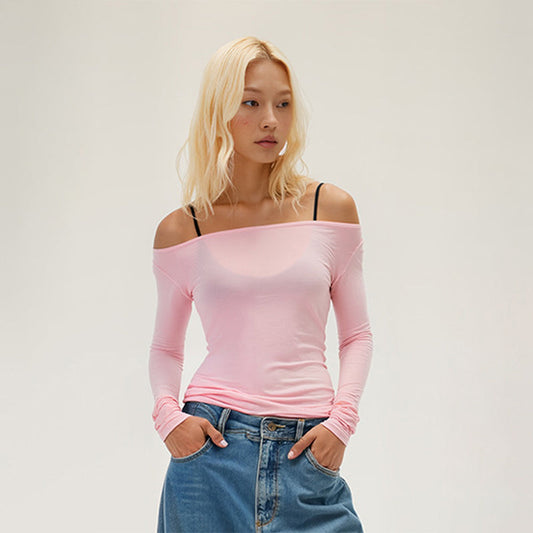 Boat neck slim waist bottoming shirt