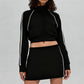 Contrasting stand-up collar coat + contrasting A-line skirt 2 piece set