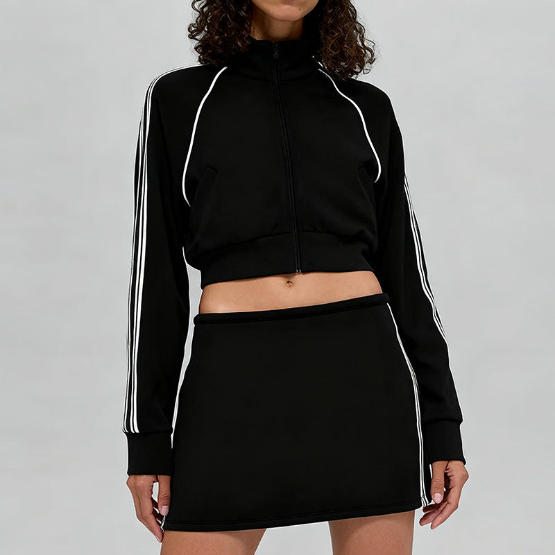 Contrasting stand-up collar coat + contrasting A-line skirt 2 piece set
