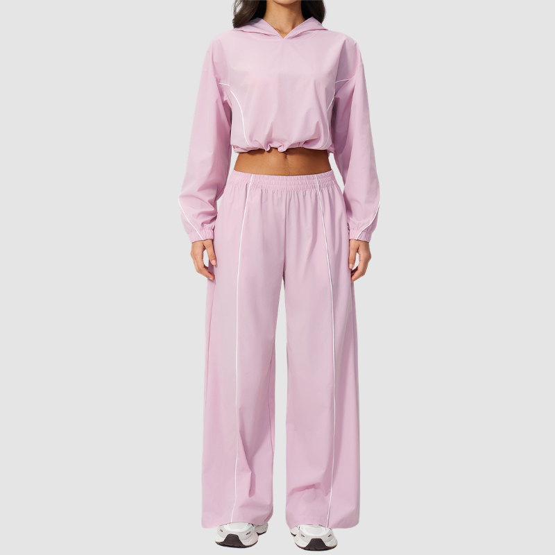 Wholesale Women's UPF50+ Sun Protection Hoodie Jacket + Wide-Leg Pants Set – Colorblock Outdoor Running Sportswear