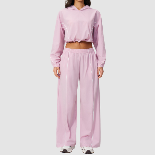 Wholesale Women's UPF50+ Sun Protection Hoodie Jacket + Wide-Leg Pants Set – Colorblock Outdoor Running Sportswear