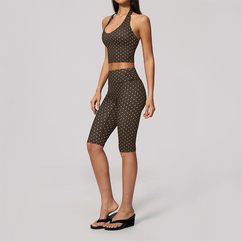 Wholesale Women's Deep V high-elastic polka-dot vest + high-waisted Capri Shorts Set