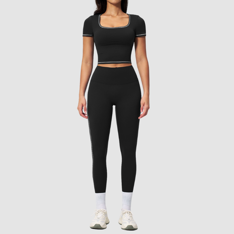 Wholesale Women's Seam-Detail Short Sleeve Crop Top + High-Waist Leggings Set – Butt-Lifting Yoga Gym Activewear