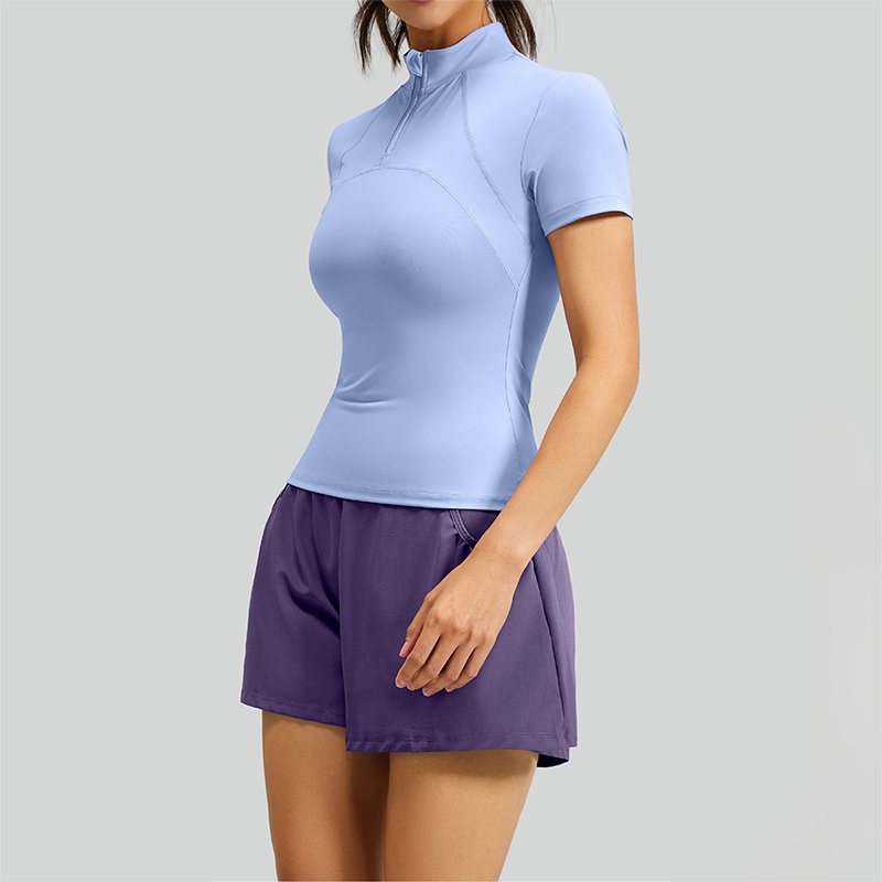 Wholesale Women's Mesh Yoga Set: Half-Zip Short Sleeve Top & Shorts