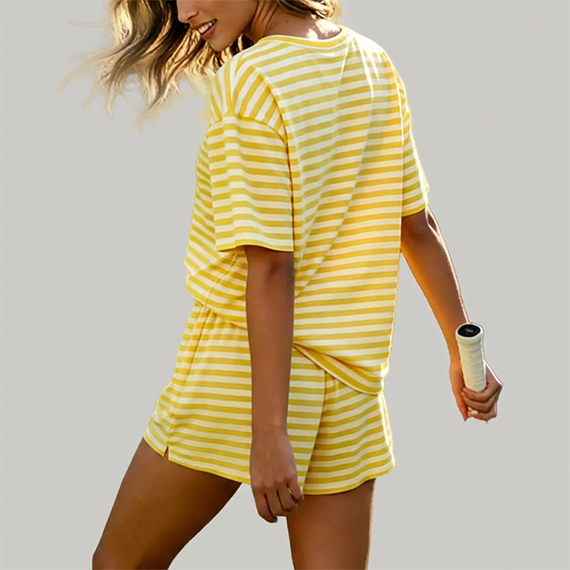 Wholesale Women's Striped Short Sleeve Shorts Set – Lightweight Casual Two-Piece