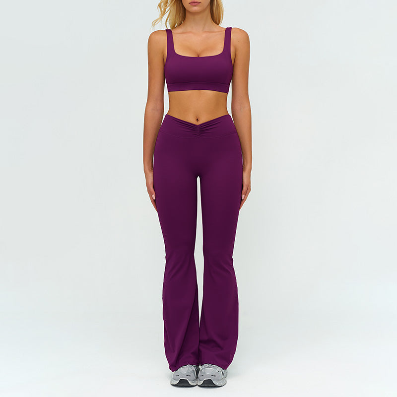 Square neckline backless sports bra+High-waisted flared pants 2-piece set