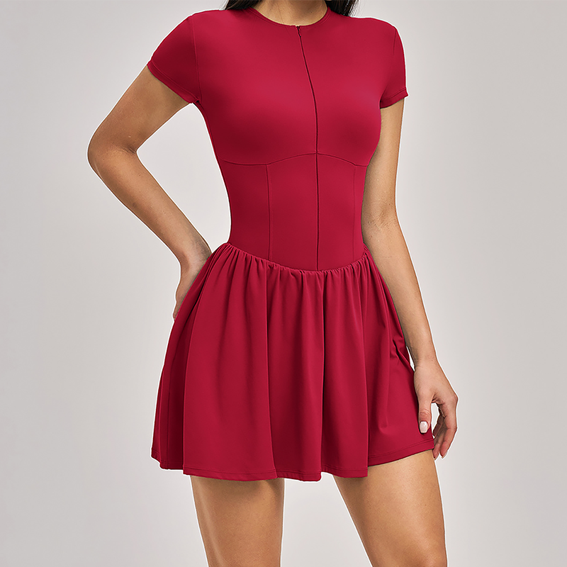 Solid Half Zipper Pleated Anti-Exposure Tennis Dress