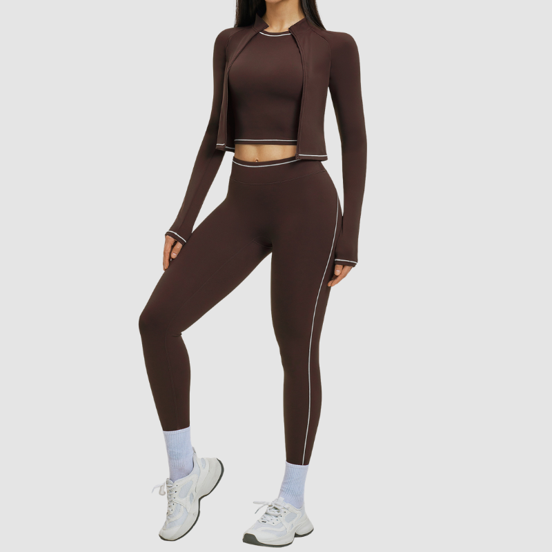 Color blocking nude sports jacket+Sport Bra+Legging running fitness 3-piece set