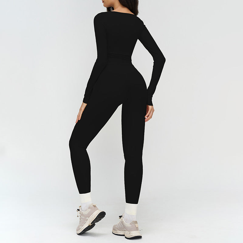 V-neck slim-fit long-sleeved top + High waist leggings 2-piece set
