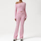 One-Shoulder Long Sleeve top + Crossover Waist Flared Pants 2-Piece Set