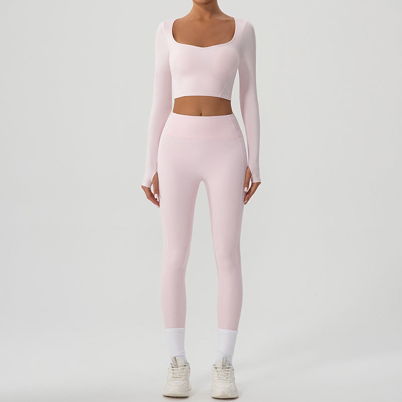 Snug-fit U-neck ​Cropped Long Sleeves + High-waisted Leggings 2-Piece Set