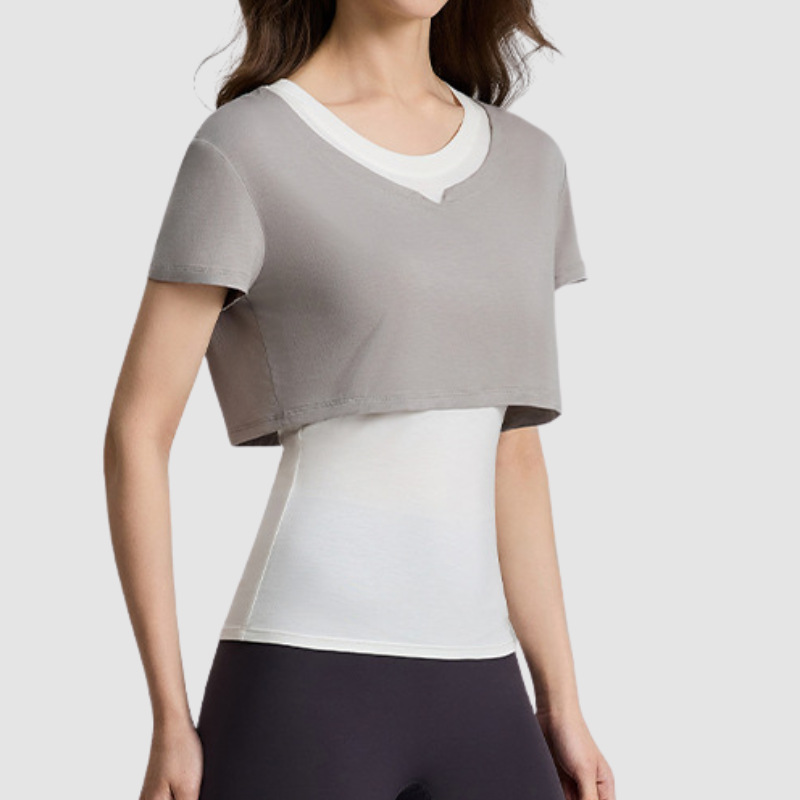 Wholesale Women's Color-Block Faux Two-Piece Yoga Short-Sleeve Top