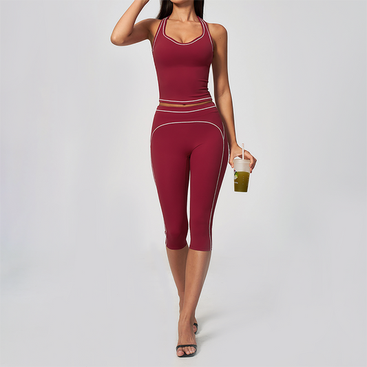 Wholesale Women's Colorblock Brushed Yoga Set: Halter V-Neck Top & Capri Pants