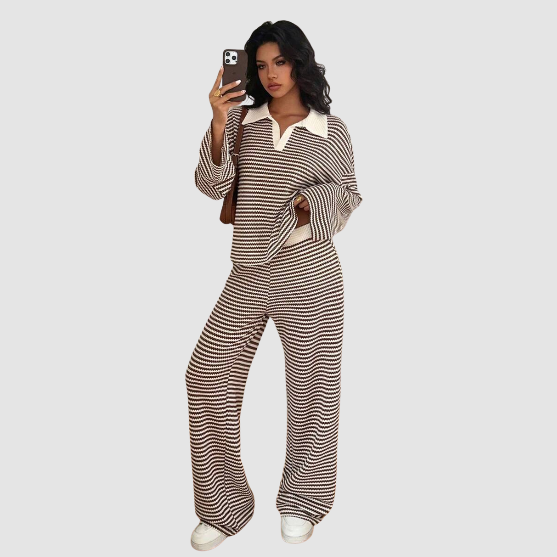 Wholesale Women's Striped Collared Lounge Set – Long Sleeve Top + Wide-Leg Pants