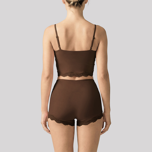 Wholesale Women's Lace V-Neck Cami Yoga Set – Built-in Bra High Waist Shorts Lounge Set