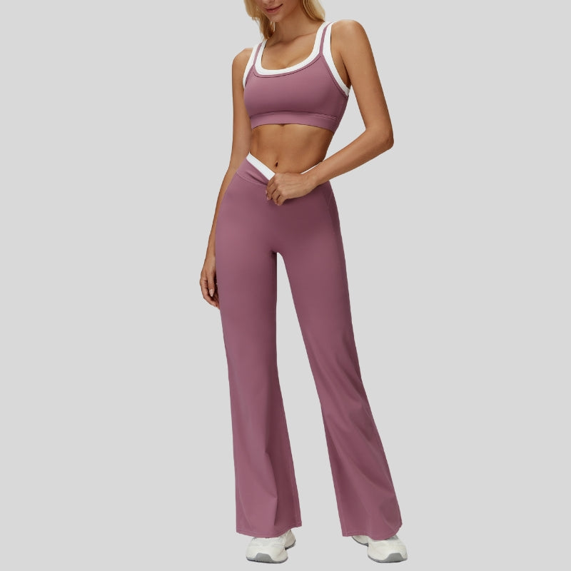 Contrast color sports bra + sport slightly flared pants 2-piece set