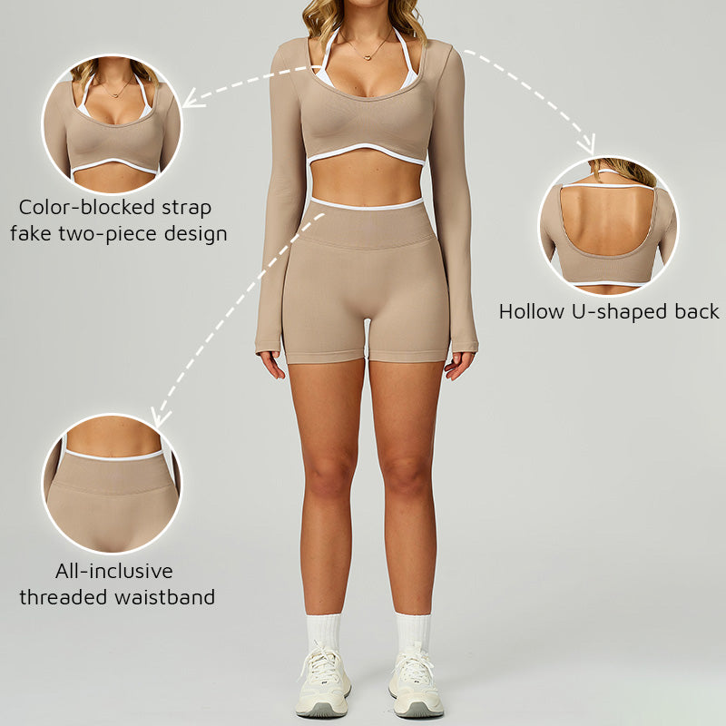 Seamless halter Contrasting Color top + High-waisted shorts 2-Piece Set