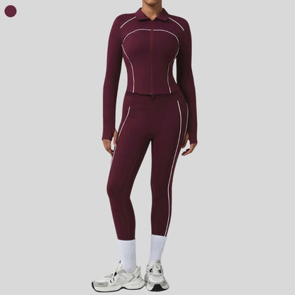 Color-blocked lapel jacket + sports leggings 2-piece set