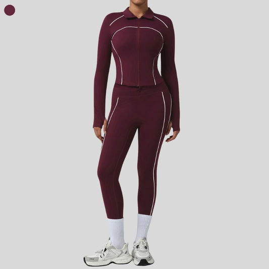 Color-blocked lapel jacket + sports leggings 2-piece set