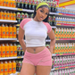 Wholesale Women's Colorblock Short Sleeve Crop Top & Shorts Athletic & Hairband Set